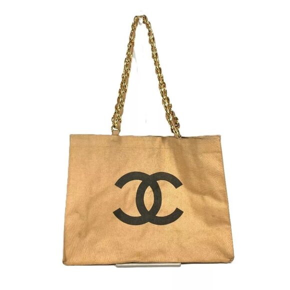 CHANEL With vintage pouch CC Tote Bag Chain Bag Shoulder Bag Canvas Beige/Black - Picture 1 of 15